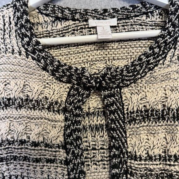 Chico's Size 1, Large, Black Cream Tweed Heavy Knit Open Front Cardigan Sweater - Picture 3 of 7